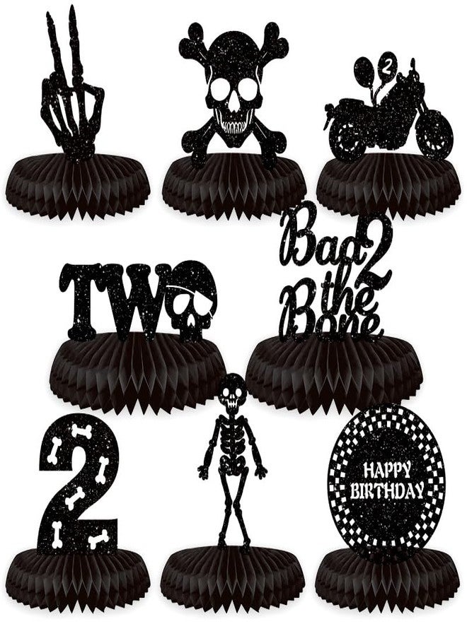 Koeilay 8 Pcs Bad Two The Bone Birthday Party Decoration Rock and Roll Themed Honeycomb Table Centerpiece Glitter Black 2nd Birthday Decor Skeleton Cake Topper for 2 Year Old Birthday Party - Image 1